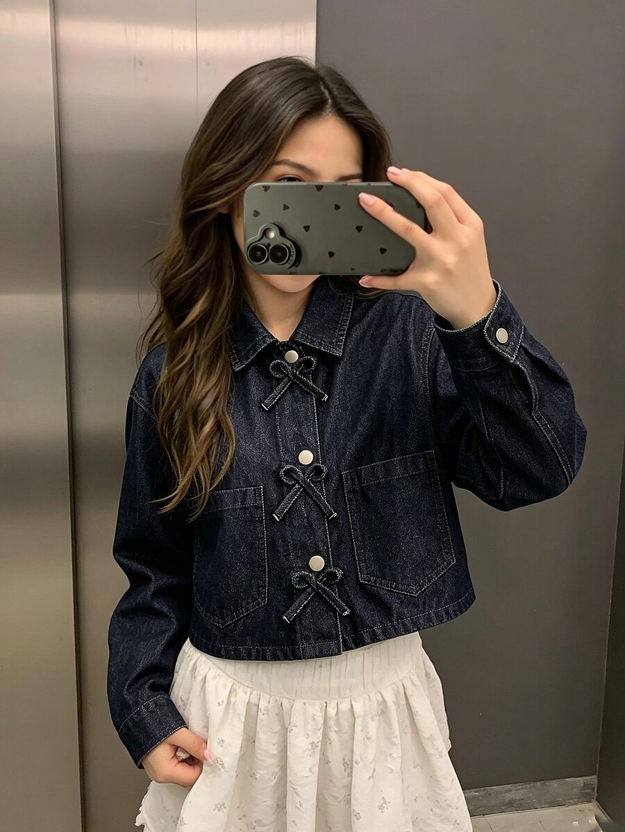 青少年女孩夏季軟洗水多功能寬鬆時尚舒適個性化軟棉牛仔夾克,開襟設計附蝴蝶結固定帶,深藍色水洗牛仔 - 深色水洗藍 - 查看 1