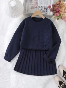 SHEIN 青少年女孩藍色特殊刺繡圓領套頭針織毛衣與百褶裙套裝，柔軟舒適，適合日常穿著、外出、旅行與度假 - 藍色 - 查看 3