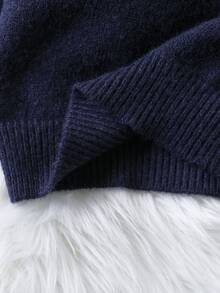 SHEIN 青少年女孩藍色特殊刺繡圓領套頭針織毛衣與百褶裙套裝，柔軟舒適，適合日常穿著、外出、旅行與度假 - 藍色 - 查看 5