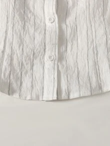 少女白色編織條紋領口寬鬆襯衫，春/夏/秋，休閒甜美淑女風，秋冬 - 白色 - 查看 7