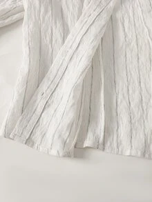 少女白色編織條紋領口寬鬆襯衫，春/夏/秋，休閒甜美淑女風，秋冬 - 白色 - 查看 11