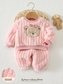 Cozy Pixies 新生女嬰卡通圖案抓絨內裡 3 個蝴蝶結厚絨圓領長袖套頭衛衣彈性腰長款冬季長褲 2 件套 - 粉色 - 查看 3