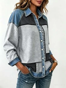 SHEIN LUNE 女款牛仔效果印花長袖單排扣休閒襯衫 - 彩色 - 查看 7