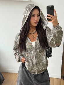 青少年女孩休閒舒適連帽衛衣，森林迷彩印花，寬鬆版上衣，適合秋冬穿著，休閒服飾，秋季時尚單品，女孩秋季穿搭 - 彩色 - 查看 4