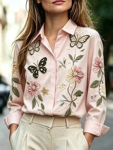 Franclia Women's Casual Commute Floral & Butterfly Print Blouse - Pink - View 4