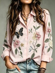 Franclia Women's Casual Commute Floral & Butterfly Print Blouse - Pink - View 3