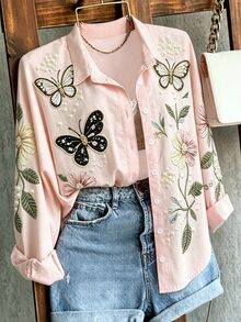 Franclia Women's Casual Commute Floral & Butterfly Print Blouse - Pink - View 5