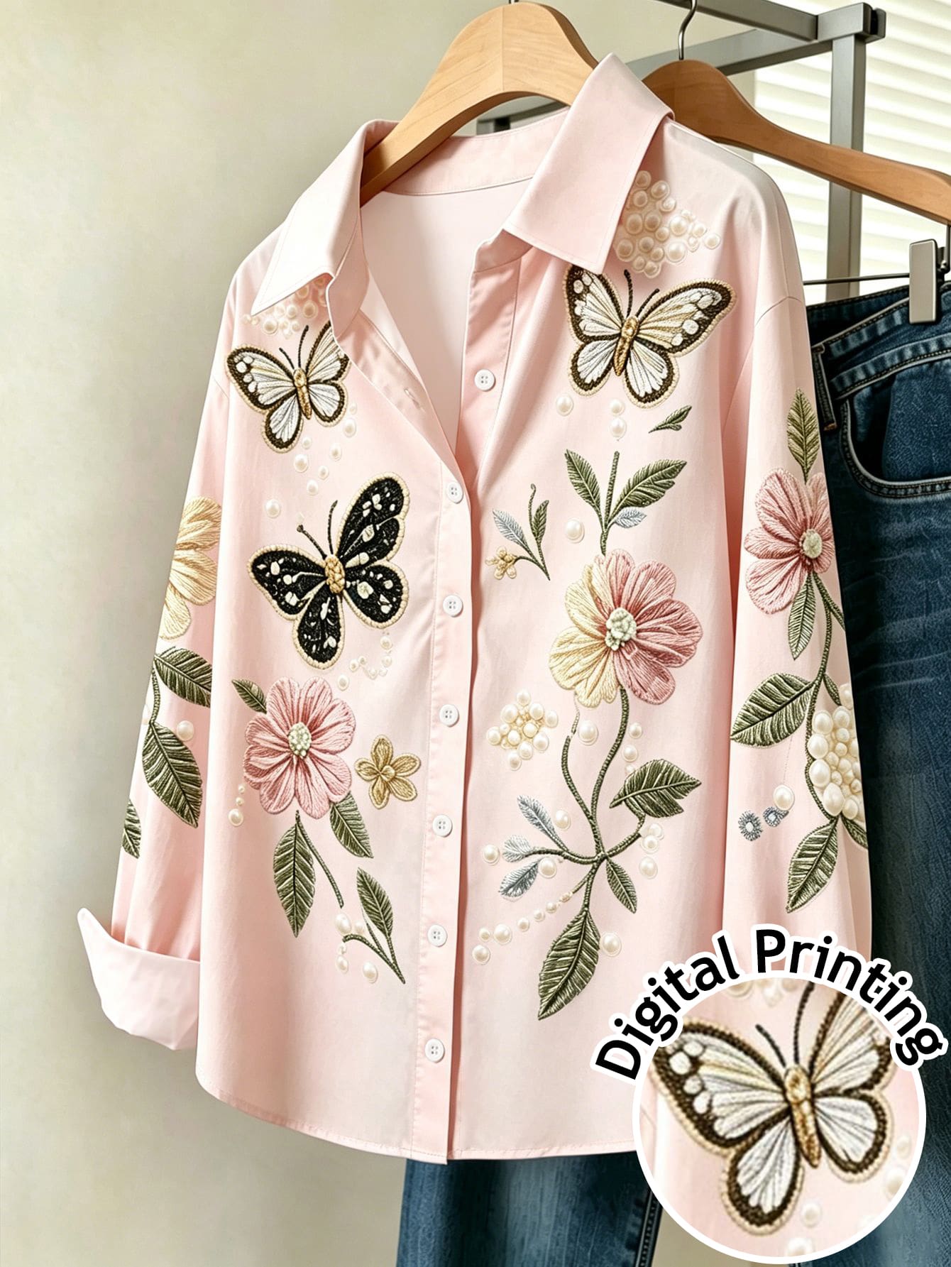 Franclia Women's Casual Commute Floral & Butterfly Print Blouse - Pink - View 1