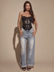 SHEIN BAE Elegant Sexy Black Lace Bandeau Top - Black - View 5