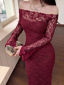 Feyla 女款蕾絲露肩長袖修身優雅洋裝 - 酒紅色 - 查看 5