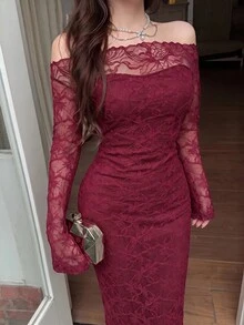 Feyla 女款蕾絲露肩長袖修身優雅洋裝 - 酒紅色 - 查看 6