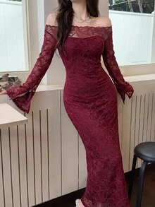 Feyla 女款蕾絲露肩長袖修身優雅洋裝 - 酒紅色 - 查看 2