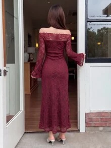 Feyla 女款蕾絲露肩長袖修身優雅洋裝 - 酒紅色 - 查看 3