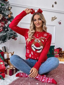 EMERY ROSE Christmas Stylish European And American Autumn/Winter Funny Deer Pattern Crew Neck Pullover Sweater, Knit Pullover Fall - Multicolor - View 6