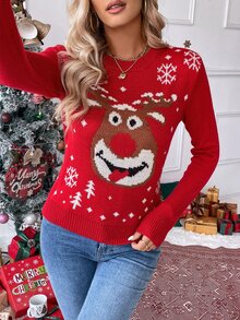 EMERY ROSE Christmas Stylish European And American Autumn/Winter Funny Deer Pattern Crew Neck Pullover Sweater, Knit Pullover Fall - Multicolor - View 3