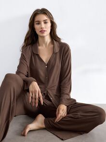 Ocili Leisure Women Solid Color Button Front Shirt And Pants Lounge Set Holiday Season Outfit, Fall Winter Clothes Cozy And Elegant Details - Brown - View 5