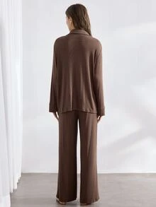 Ocili Leisure Women Solid Color Button Front Shirt And Pants Lounge Set Holiday Season Outfit, Fall Winter Clothes Cozy And Elegant Details - Brown - View 2