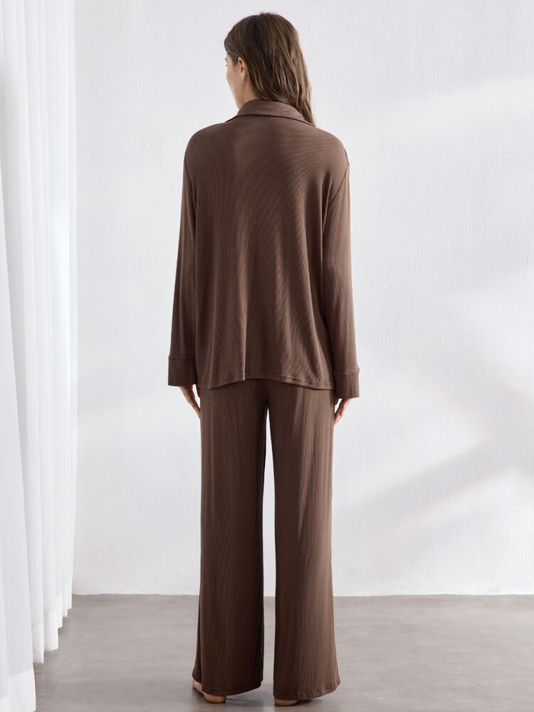 Ocili Leisure Women Solid Color Button Front Shirt And Pants Lounge Set Holiday Season Outfit, Fall Winter Clothes Cozy And Elegant Details - Brown - View 2