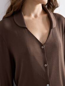 Ocili Leisure Women Solid Color Button Front Shirt And Pants Lounge Set Holiday Season Outfit, Fall Winter Clothes Cozy And Elegant Details - Brown - View 4