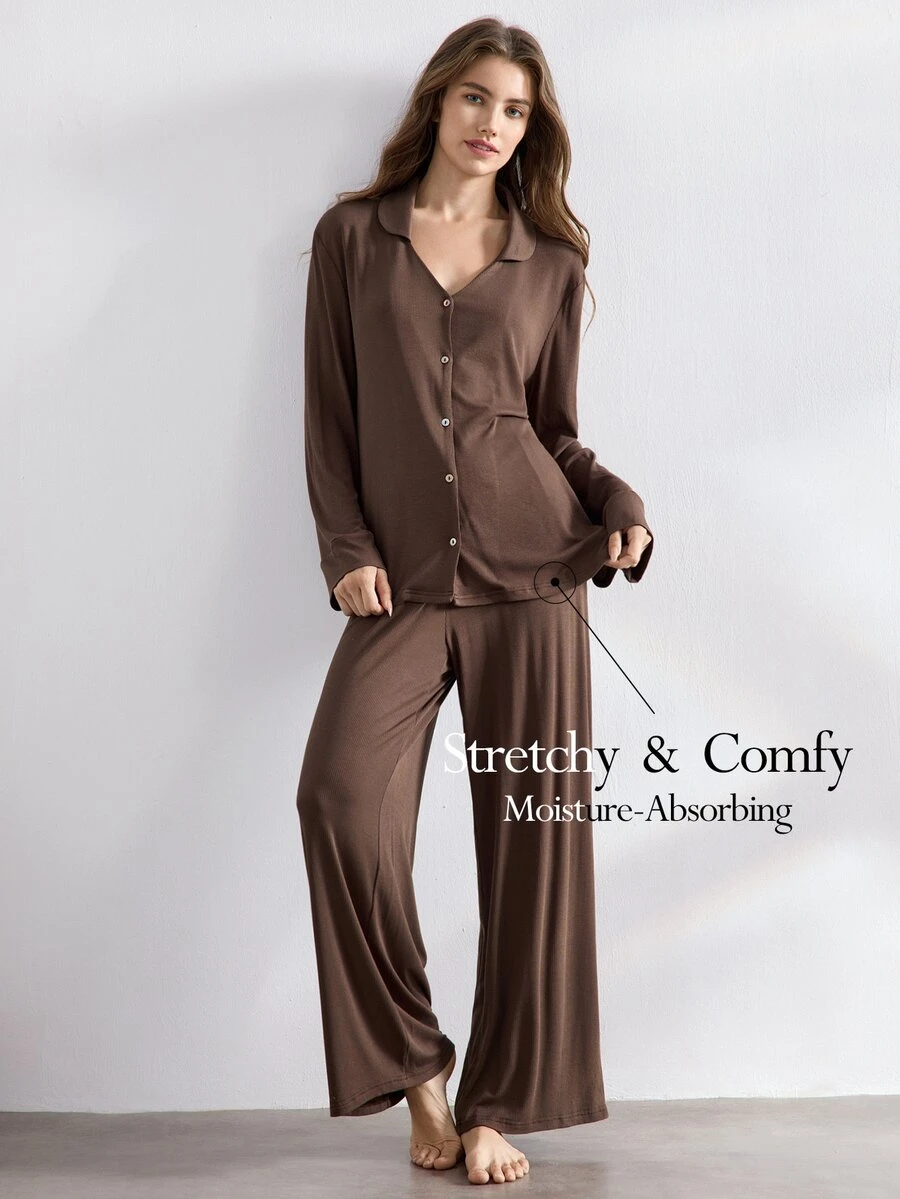 Ocili Leisure Women Solid Color Button Front Shirt And Pants Lounge Set Holiday Season Outfit, Fall Winter Clothes Cozy And Elegant Details - Brown - View 1