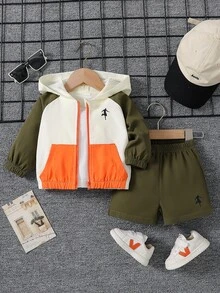 SHEIN 2件組男嬰春秋米白色、軍綠色、橘色拼接運動風運動人物剪影印花插肩袖連帽長袖拉鍊外套搭配休閒短褲套裝，寬鬆版型配彈性袖口，適合日常出遊、戶外玩耍、運動旅行、學校活動、拍照 - 彩色 - 查看 8