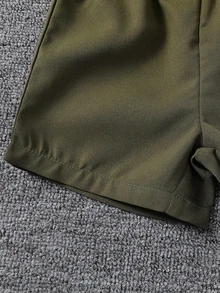 SHEIN 2件組男嬰春秋米白色、軍綠色、橘色拼接運動風運動人物剪影印花插肩袖連帽長袖拉鍊外套搭配休閒短褲套裝，寬鬆版型配彈性袖口，適合日常出遊、戶外玩耍、運動旅行、學校活動、拍照 - 彩色 - 查看 5