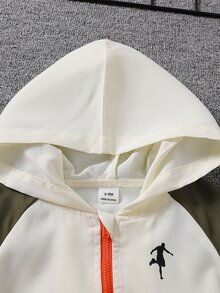SHEIN 2件組男嬰春秋米白色、軍綠色、橘色拼接運動風運動人物剪影印花插肩袖連帽長袖拉鍊外套搭配休閒短褲套裝，寬鬆版型配彈性袖口，適合日常出遊、戶外玩耍、運動旅行、學校活動、拍照 - 彩色 - 查看 6