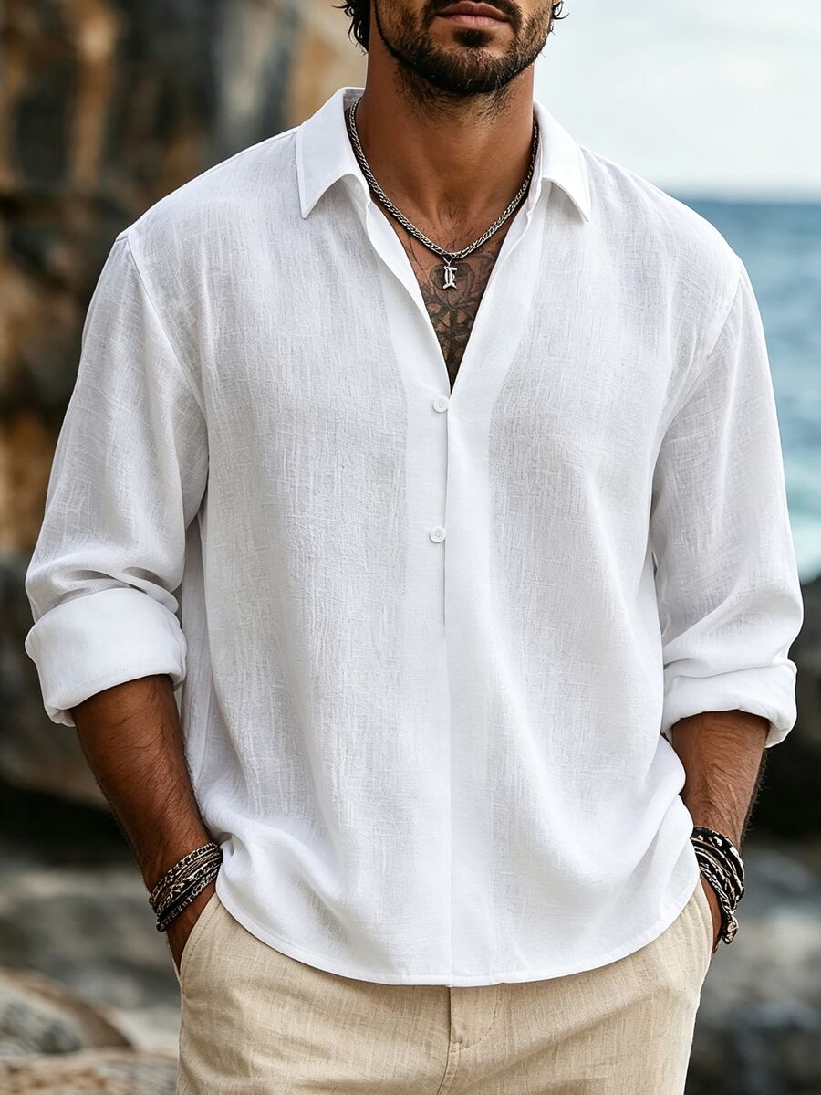 VENTUSAIL Men's Textured Linen White Long Sleeve Shirt, Relaxed Fit Deep V-Neck Loose Dropped Shoulder Silhouette, Commuter Casual Basic Shirt - White - View 1
