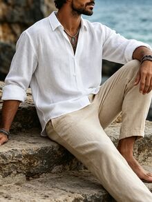VENTUSAIL Men's Textured Linen White Long Sleeve Shirt, Relaxed Fit Deep V-Neck Loose Dropped Shoulder Silhouette, Commuter Casual Basic Shirt - White - View 5
