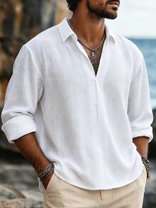VENTUSAIL Men's Textured Linen White Long Sleeve Shirt, Relaxed Fit Deep V-Neck Loose Dropped Shoulder Silhouette, Commuter Casual Basic Shirt - White - View 4