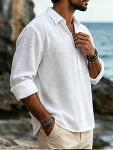 VENTUSAIL Men's Textured Linen White Long Sleeve Shirt, Relaxed Fit Deep V-Neck Loose Dropped Shoulder Silhouette, Commuter Casual Basic Shirt - White - View 6