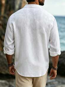 VENTUSAIL Men's Textured Linen White Long Sleeve Shirt, Relaxed Fit Deep V-Neck Loose Dropped Shoulder Silhouette, Commuter Casual Basic Shirt - White - View 2