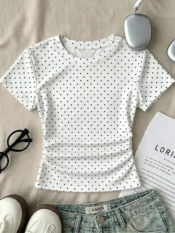 Teen Girl Casual Slim Fit Crew Neck Ruched Short Sleeve T-Shirt Suitable For Summer
