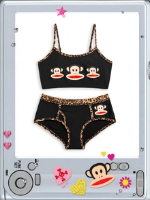 Paul Frank X ROMWE Y2K Leopard Print Camisole & Triangle Panty Lingerie Set For Women - Black - View 1