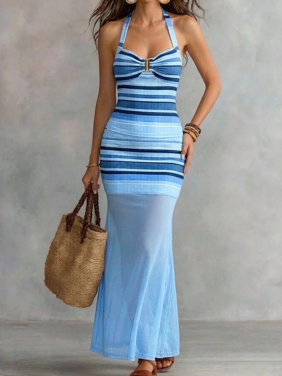 Privoire Women's Colorblock Striped Halter Neck Backless Top And Skirt 2-Piece Set - Multicolor - View 1