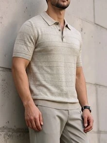 Manfinity Homme 男士奢華紋理針織混紡亞麻小麥條紋短袖 Polo 衫，商務休閒通勤翻領 - 杏色 - 查看 4