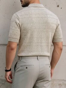 Manfinity Homme 男士奢華紋理針織混紡亞麻小麥條紋短袖 Polo 衫，商務休閒通勤翻領 - 杏色 - 查看 2