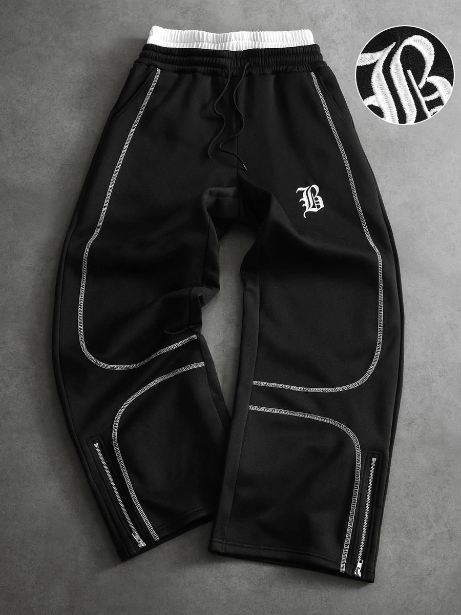 PAVTROS Men's Casual Loose Colorblock Contrast Stitching Sweatpants - Black - View 1