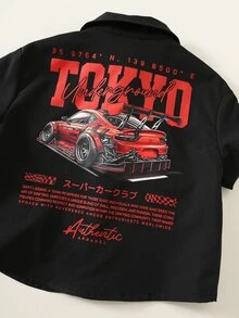 SHEIN 2件組男嬰夏季街頭風黑色印花襯衫與鬆緊腰棋盤格短褲套裝，賽車風襯衫套裝，男嬰套裝 - 彩色 - 查看 8