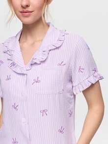 Bonmuse Valentine's Day Ruffle Striped Bow Pajama Set, Short Sleeve Top And Long Pants, Lightweight Sleepwear - Purple - View 7