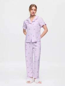 Bonmuse Valentine's Day Ruffle Striped Bow Pajama Set, Short Sleeve Top And Long Pants, Lightweight Sleepwear - Purple - View 3