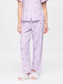 Bonmuse Valentine's Day Ruffle Striped Bow Pajama Set, Short Sleeve Top And Long Pants, Lightweight Sleepwear - Purple - View 8