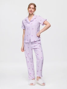 Bonmuse Valentine's Day Ruffle Striped Bow Pajama Set, Short Sleeve Top And Long Pants, Lightweight Sleepwear - Purple - View 5