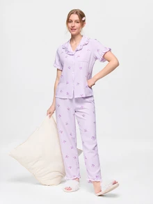 Bonmuse Valentine's Day Ruffle Striped Bow Pajama Set, Short Sleeve Top And Long Pants, Lightweight Sleepwear - Purple - View 1