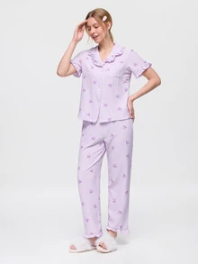 Bonmuse Valentine's Day Ruffle Striped Bow Pajama Set, Short Sleeve Top And Long Pants, Lightweight Sleepwear - Purple - View 4