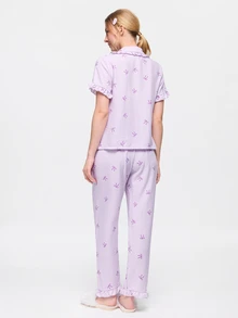 Bonmuse Valentine's Day Ruffle Striped Bow Pajama Set, Short Sleeve Top And Long Pants, Lightweight Sleepwear - Purple - View 2