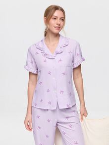 Bonmuse Valentine's Day Ruffle Striped Bow Pajama Set, Short Sleeve Top And Long Pants, Lightweight Sleepwear - Purple - View 9