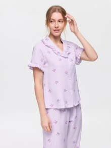 Bonmuse Valentine's Day Ruffle Striped Bow Pajama Set, Short Sleeve Top And Long Pants, Lightweight Sleepwear - Purple - View 6