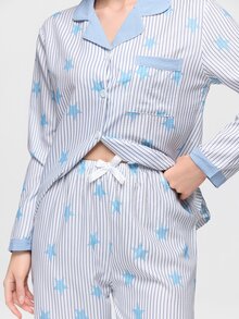 Bonmuse Striped Star Print Autumn/Winter Pajama Set, Sweet Cute Lapel Button Long Sleeve Top And Long Pants Women's Sleepwear Loungewear Set - Baby Blue - View 9