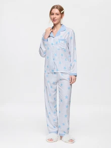 Bonmuse Striped Star Print Autumn/Winter Pajama Set, Sweet Cute Lapel Button Long Sleeve Top And Long Pants Women's Sleepwear Loungewear Set - Baby Blue - View 3